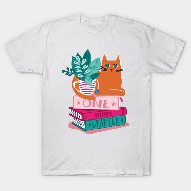 One more chapter // spot // pastel pink background orange tabby cat striped mug with plants orange teal and yellow books with quote T-Shirt by SelmaCardoso